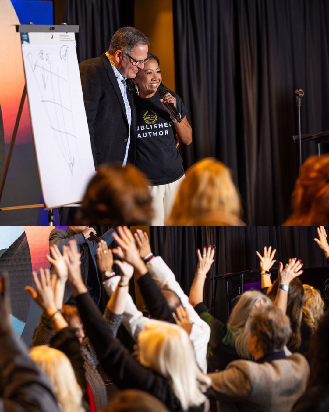 Nim Stant on stage with an author and an engaged audience