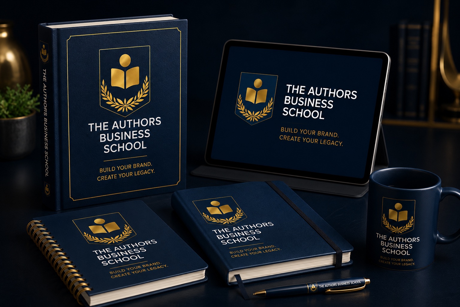 The Authors Business School branded book, tablet, notebook and mug set